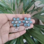 Flower Shape Silver Plated Stud Earrings with Elegant Stone and Pearl Work