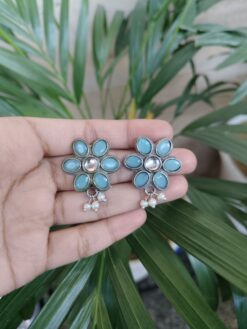 Flower Shape Silver Plated Stud Earrings with Elegant Stone and Pearl Work