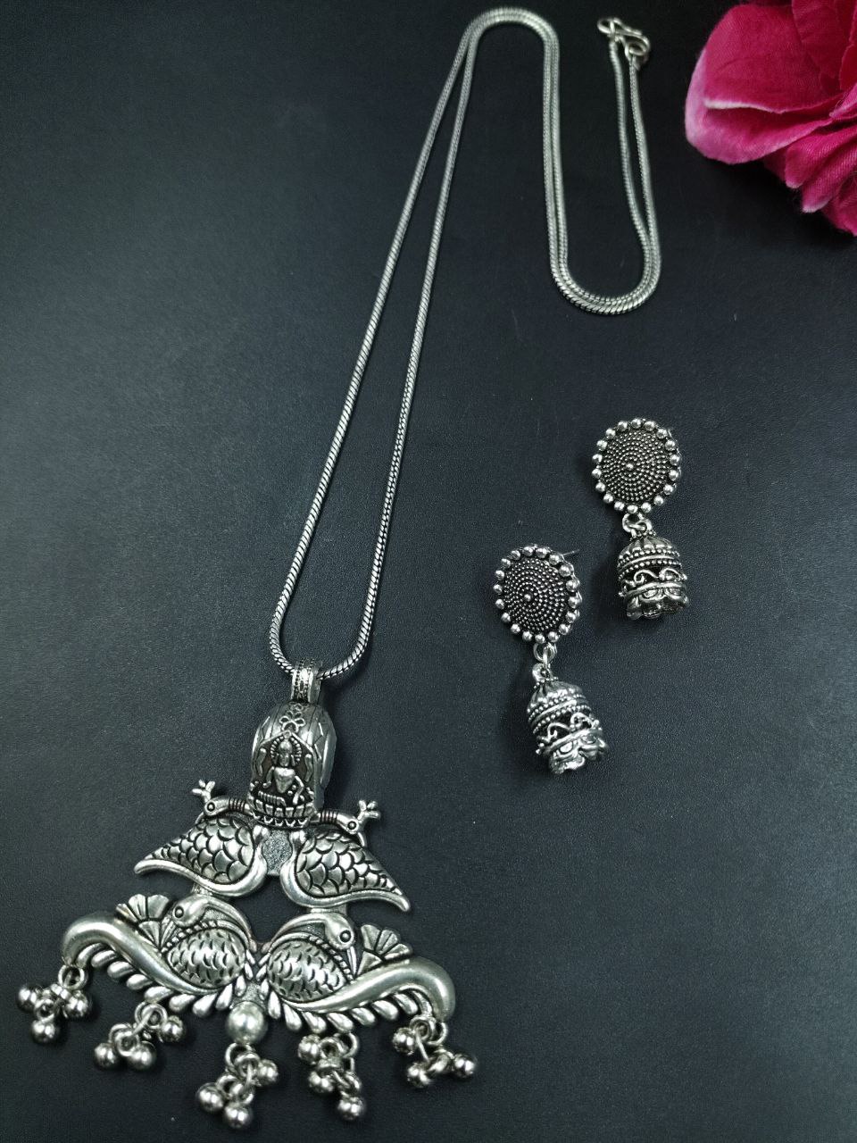 Peacock Design German Silver Chain Pendant Necklace Set for Women Traditional Ethnic Jewelry 1 Peacock Design German Silver Chain Pendant Necklace Set for Women Traditional Ethnic Jewelry