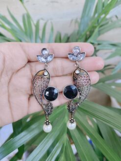Oxidized Fish Design Earrings with Unique Style Featuring Elegant Stone and Pearl Work