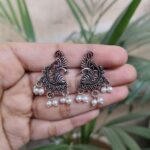 Traditional Peacock Art Silver Plated Stud Earrings with Elegant Pearl Work