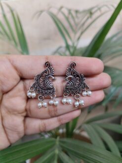 Traditional Peacock Art Silver Plated Stud Earrings with Elegant Pearl Work