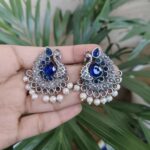 Peacock Design Silver Plated Stud Earrings with Elegant Stone and Pearl Work