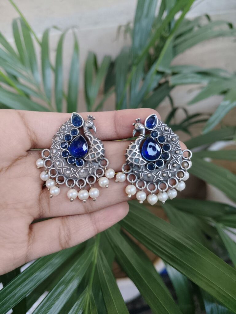 Peacock Design Silver Plated Stud Earrings with Elegant Stone and Pearl Work