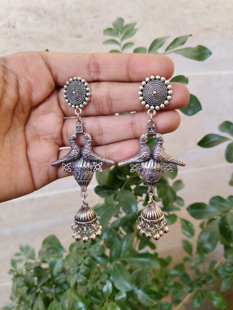 Silver Plated Bird Jhumki Dangler Earrings for Women with Traditional Ethnic Style