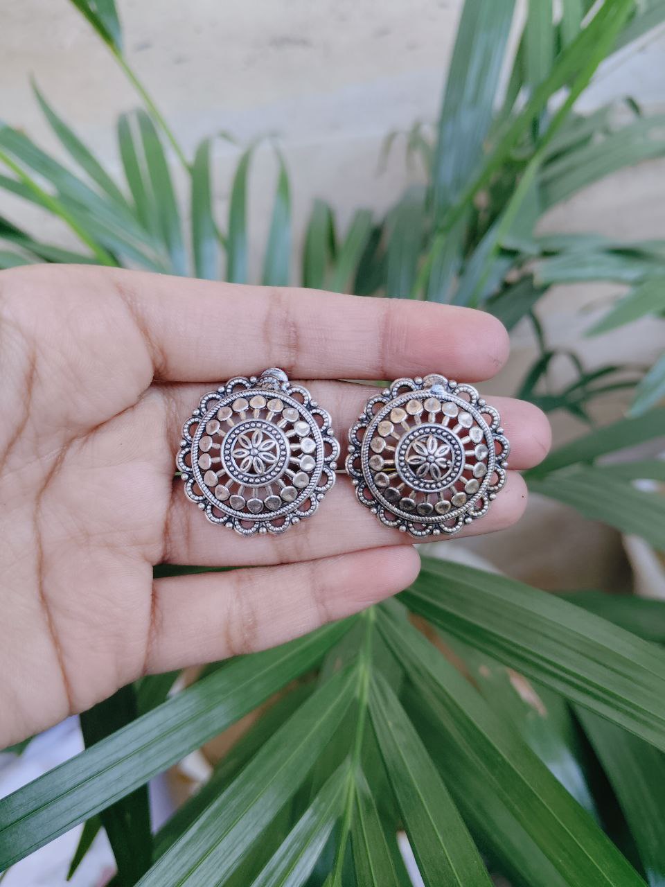 Silver Plated Traditional Floral Art Round Shape Stud Earrings for an Elegant Look 1 Silver Plated Traditional Floral Art Round Shape Stud Earrings for an Elegant Look
