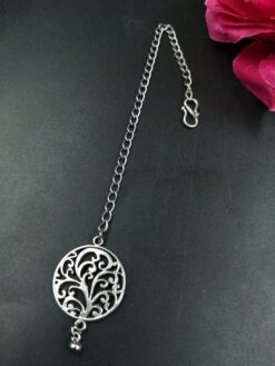 Silver Plated Round Shape Floral Art Chain Maang Teeka with Traditional Elegance