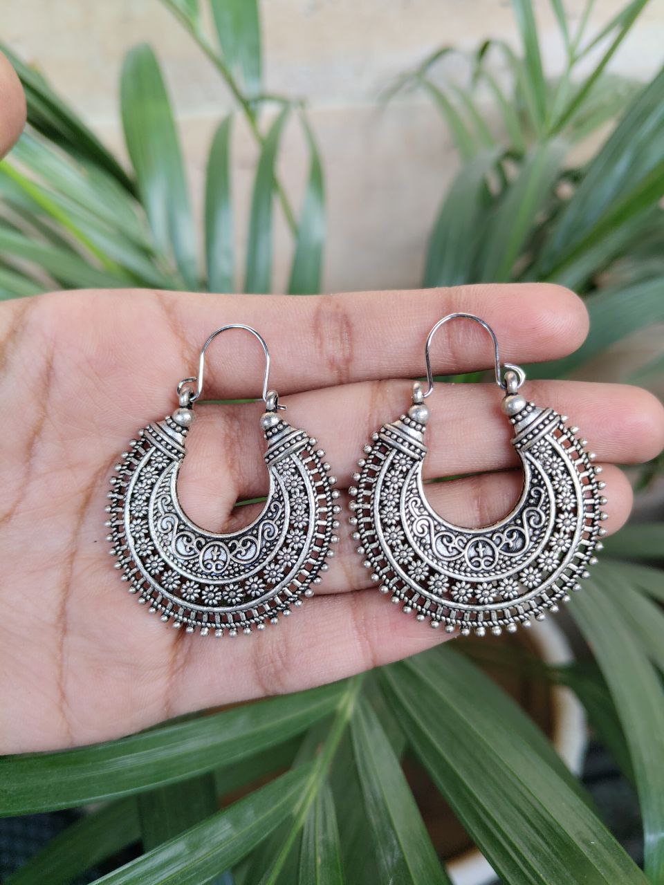 Tribal Boho Look German Silver Floral Art Dangler Earrings with Unique Design 1 Tribal Boho Look German Silver Floral Art Dangler Earrings with Unique Design