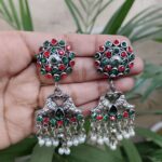 German Silver Dangler Earrings with Beautiful Stone and Pearl Detailing for Women