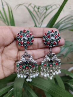 German Silver Dangler Earrings with Beautiful Stone and Pearl Detailing for Women