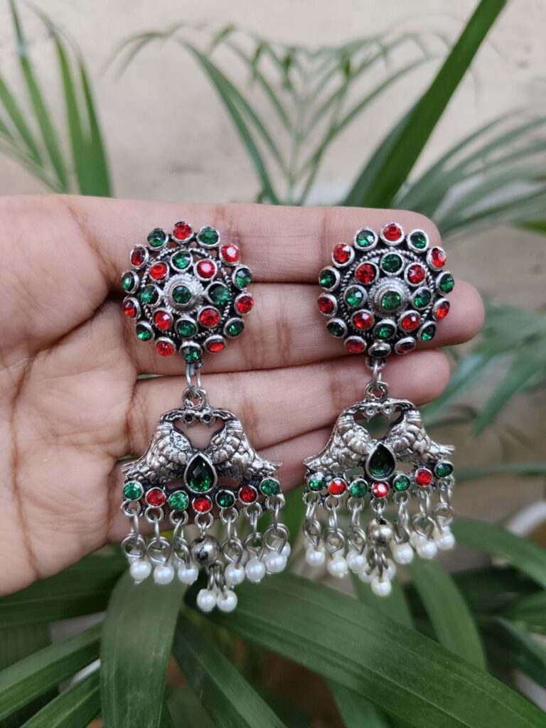 German Silver Dangler Earrings with Beautiful Stone and Pearl Detailing for Women