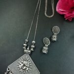 Ganesha Triangle Ghungroo Chain Pendant Necklace Set for Women Traditional German Silver Ethnic Jewelry
