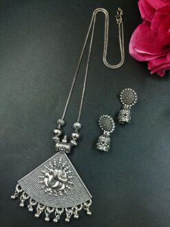 Ganesha Triangle Ghungroo Chain Pendant Necklace Set for Women Traditional German Silver Ethnic Jewelry