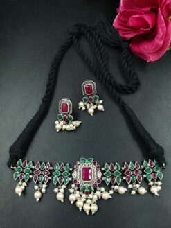 Silver Plated Unique Design Thread Necklace with Elegant Stone and Pearl Work