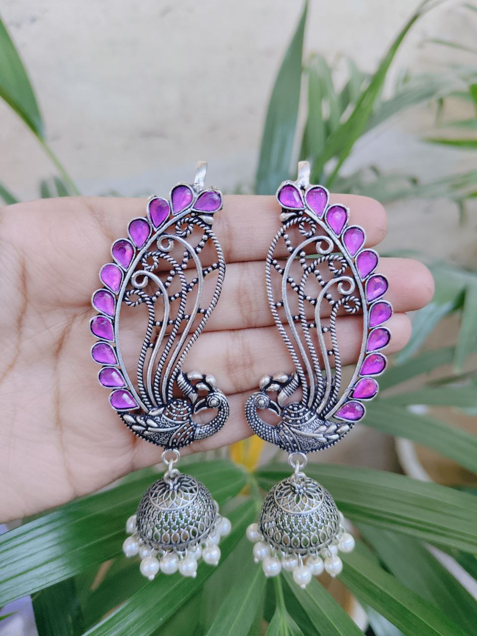 Silver Plated Peacock Design Jhumka Earrings with Beautiful Stone and Pearl Work 1 Silver Plated Peacock Design Jhumka Earrings with Beautiful Stone and Pearl Work