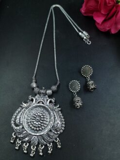 Peacock Design Silver Plated Chain Necklace with Elegant Pearl Work Ethnic Jewelry