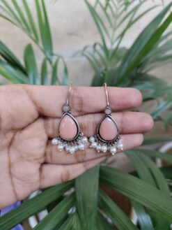 Elegant German Silver Stone Pearl Hook Dangler Earrings for Women’s Ethnic Style