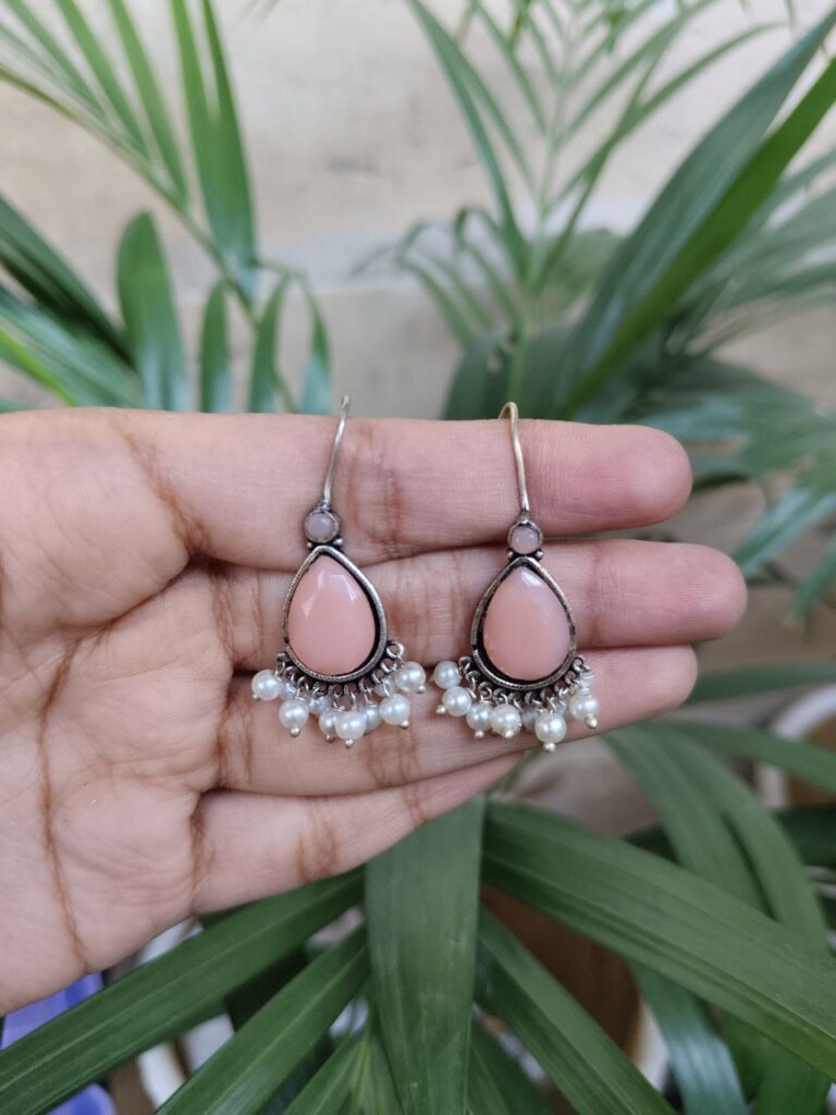 Elegant German Silver Stone Pearl Hook Dangler Earrings for Women’s Ethnic Style