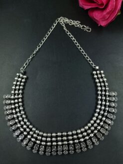 Oxidized Silver Plated Multi Layer Beaded Chain Necklace with Antique Finish Design