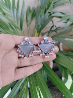 Silver Plated Unique Design Earrings with Elegant Stone and Pearl Work for a Stylish Look