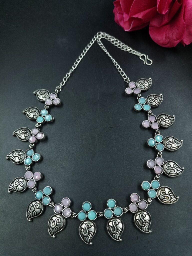 Unique Design Silver Plated Chain Necklace with Elegant Stone Work Ethnic Jewelry