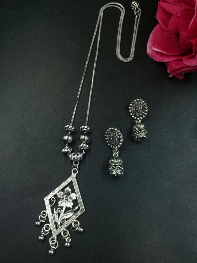 Flower Ghungroo German Silver Chain Pendant Necklace Set for Women Traditional Ethnic Jewelry