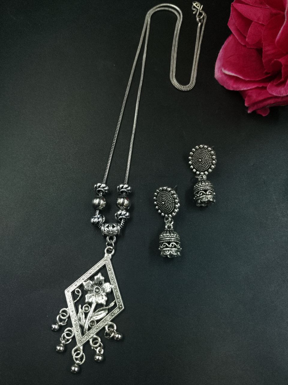 Flower Ghungroo German Silver Chain Pendant Necklace Set for Women Traditional Ethnic Jewelry 1 Flower Ghungroo German Silver Chain Pendant Necklace Set for Women Traditional Ethnic Jewelry