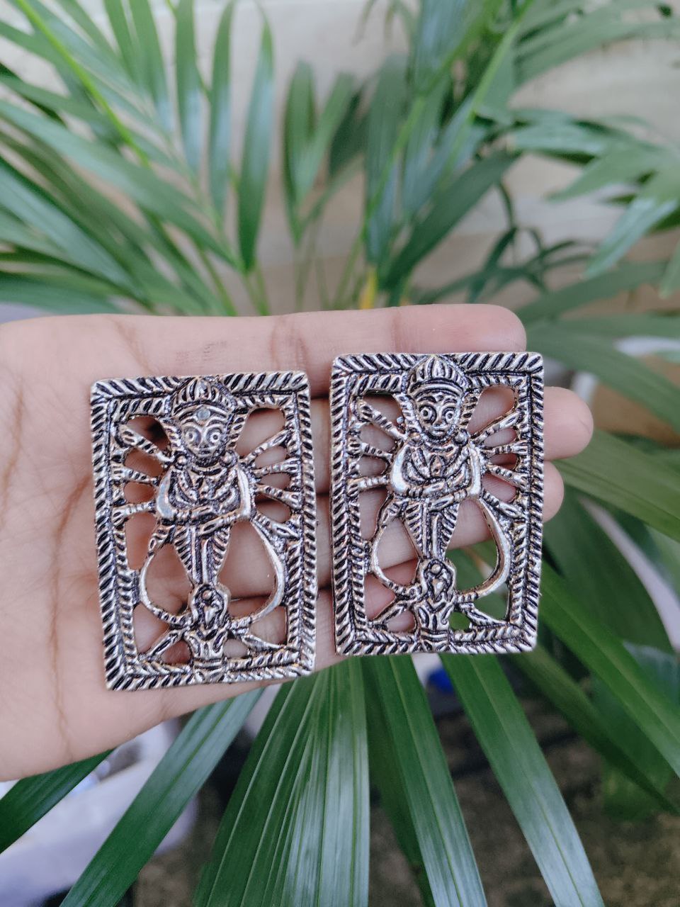 Silver Plated Oxidized Rectangular Earrings with Traditional Folk and Tribal Art Design 1 Silver Plated Oxidized Rectangular Earrings with Traditional Folk and Tribal Art Design