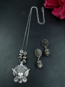 Maa Durga Silver Plated Religious Chain Pendant for Spiritual Traditional Ethnic Wear