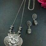 Ganesha Floral Art German Silver Chain Pendant Necklace Set for Women