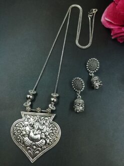 Ganesha Floral Art German Silver Chain Pendant Necklace Set for Women