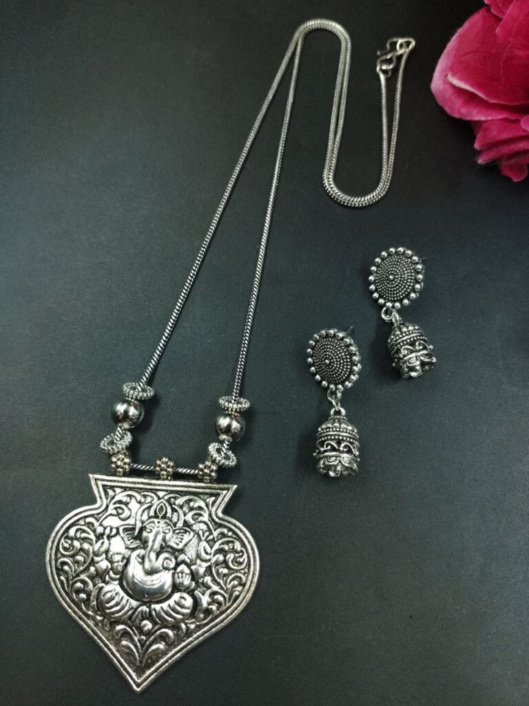Ganesha Floral Art German Silver Chain Pendant Necklace Set for Women