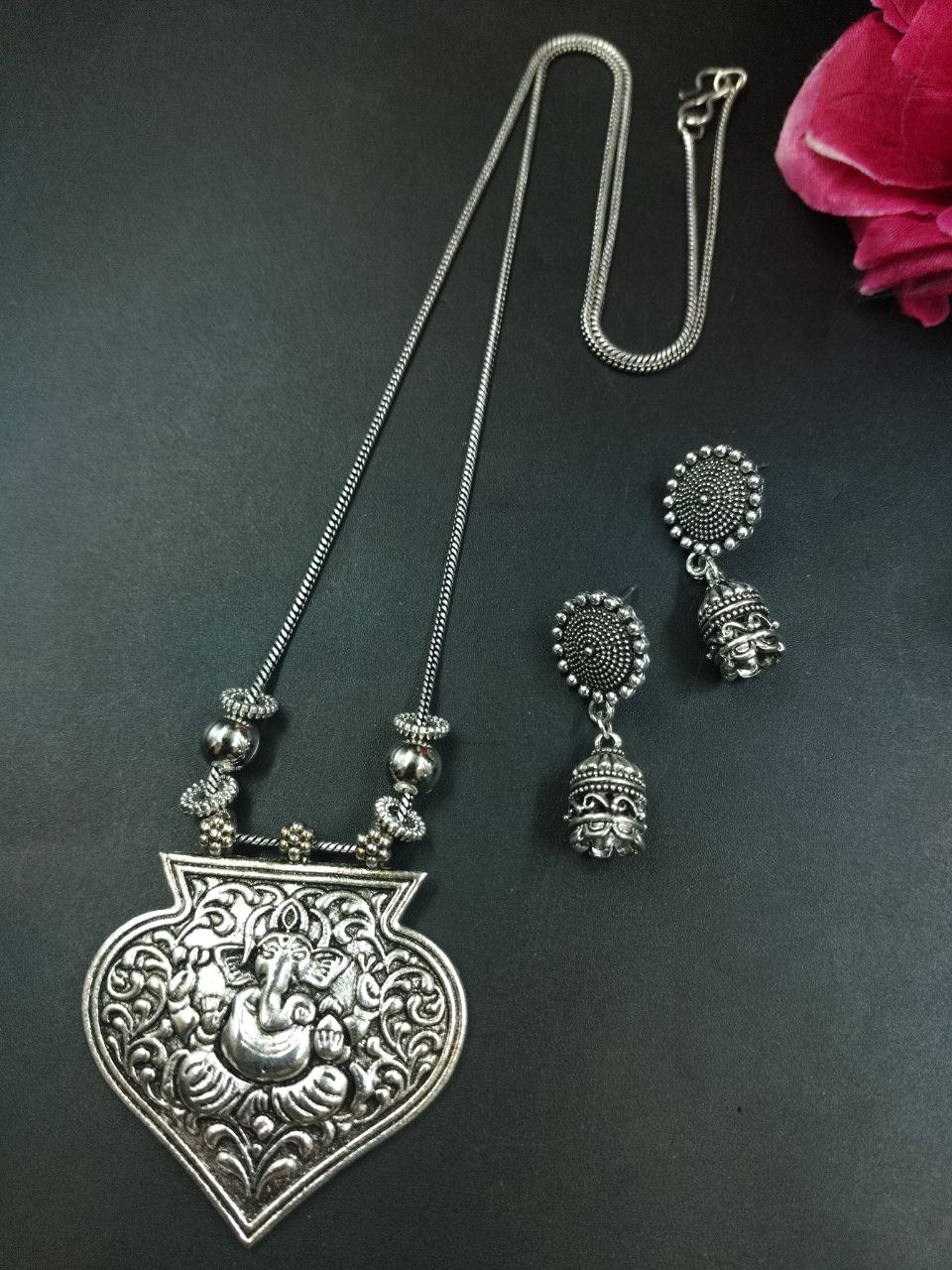 Ganesha Floral Art German Silver Chain Pendant Necklace Set for Women 1 Ganesha Floral Art German Silver Chain Pendant Necklace Set for Women
