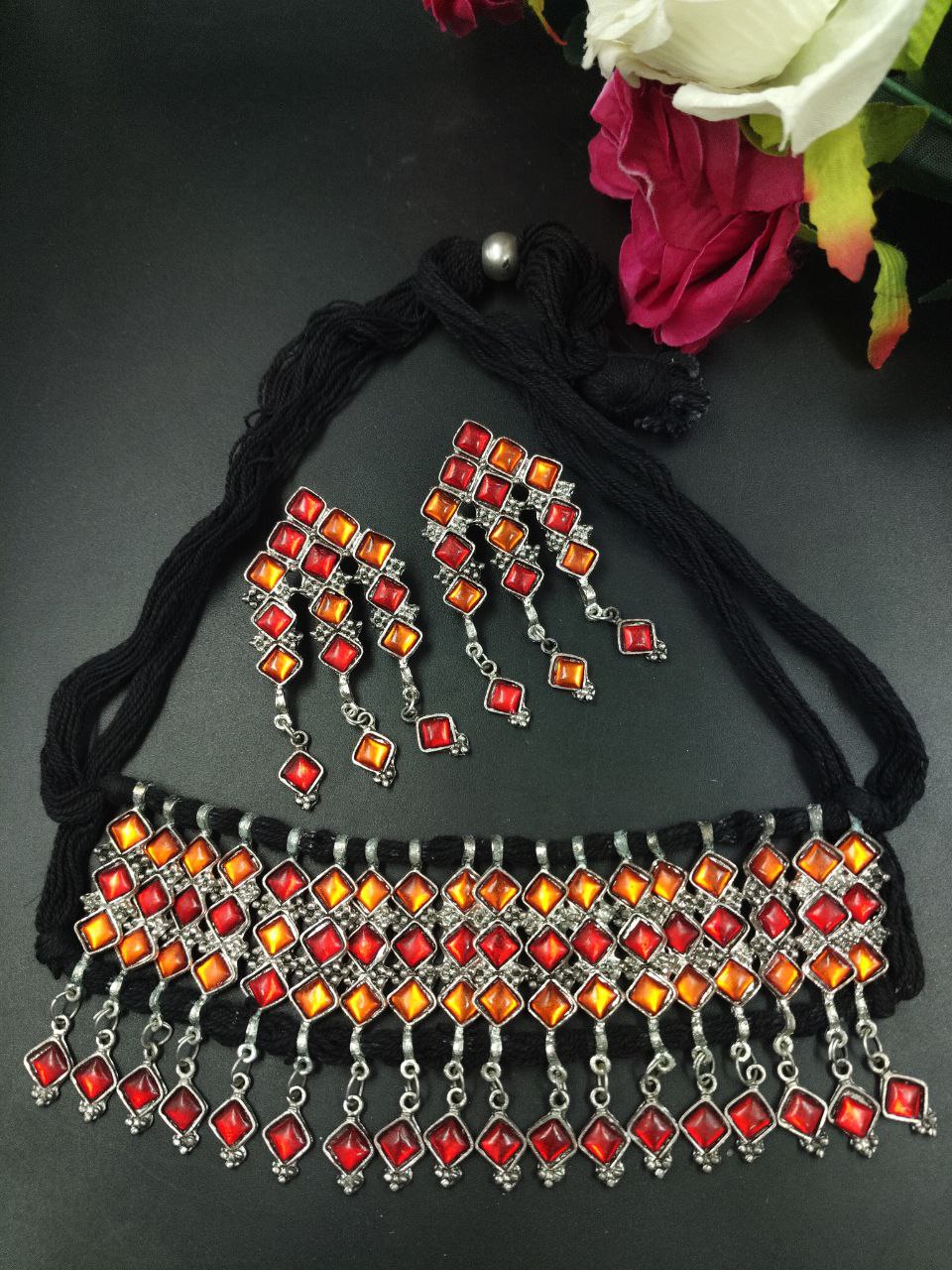 Stone Work Thread Choker Necklace Set for Women Traditional Ethnic Partywear Jewelry Collection 1 Stone Work Thread Choker Necklace Set for Women Traditional Ethnic Partywear Jewelry Collection