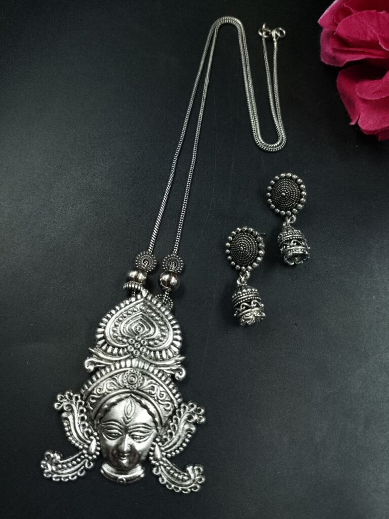Silver Plated Religious Maa Durga Chain Pendant with Divine Traditional Design