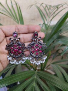 Elegant Peacock Design Silver Replica Earrings with Stone and Pearl Work Jewelry
