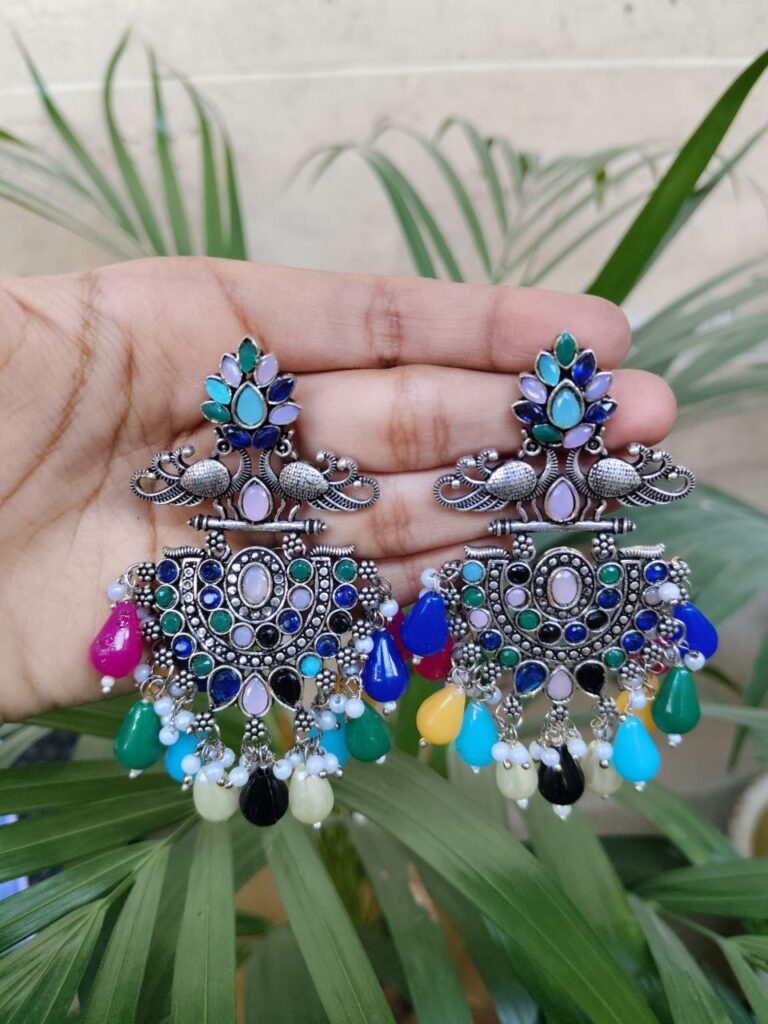 Traditional Peacock Design Silver Plated Earrings with Stone and Pearl Work Elegance