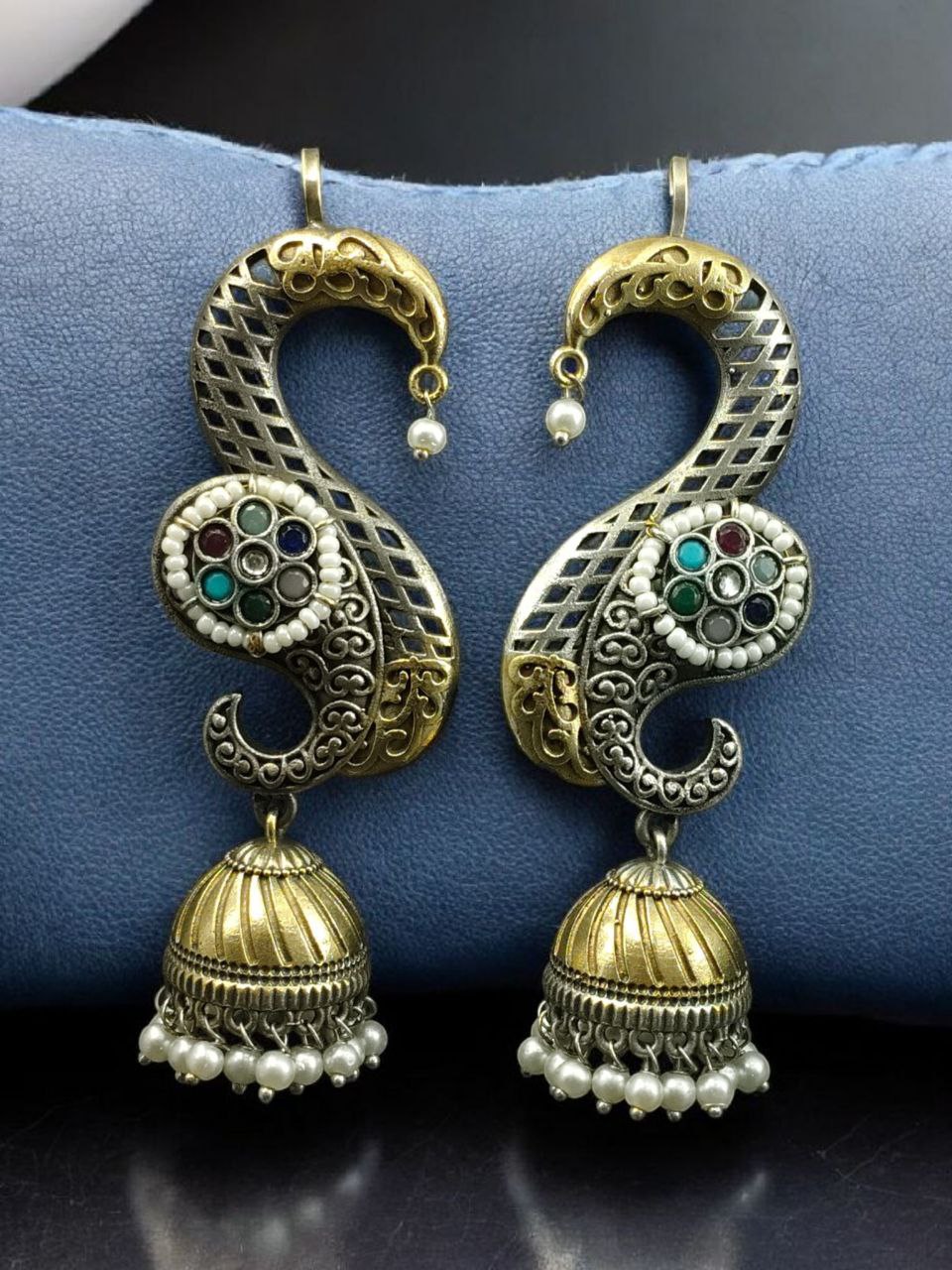 Beautiful Two-Tone Jhumki Earcuff | Stone & Pearl Detailing Traditional Ethnic Jewelry For Girls 8 Two-tone jhumki earcuff with stone and pearl detailing for ethnic wear.