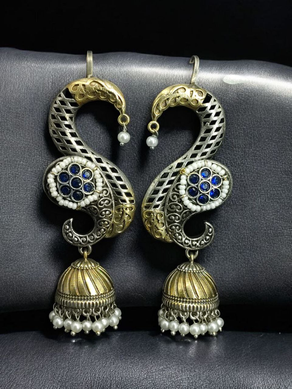 Beautiful Two-Tone Jhumki Earcuff | Stone & Pearl Detailing Traditional Ethnic Jewelry For Girls 6 Two-tone jhumki earcuff with stone and pearl detailing for ethnic wear.