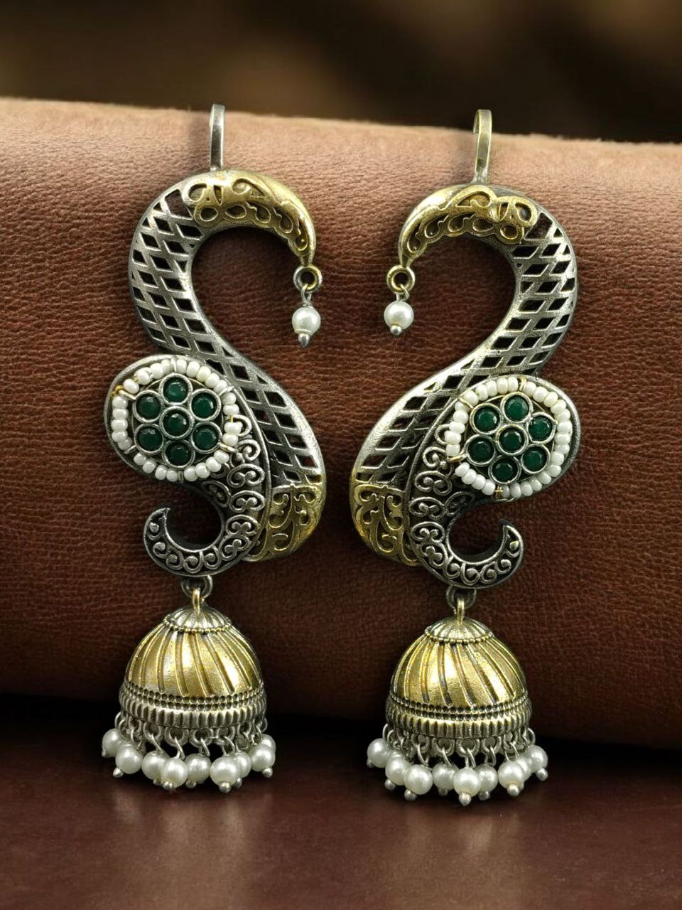 Beautiful Two-Tone Jhumki Earcuff | Stone & Pearl Detailing Traditional Ethnic Jewelry For Girls 3 Two-tone jhumki earcuff with stone and pearl detailing for ethnic wear.