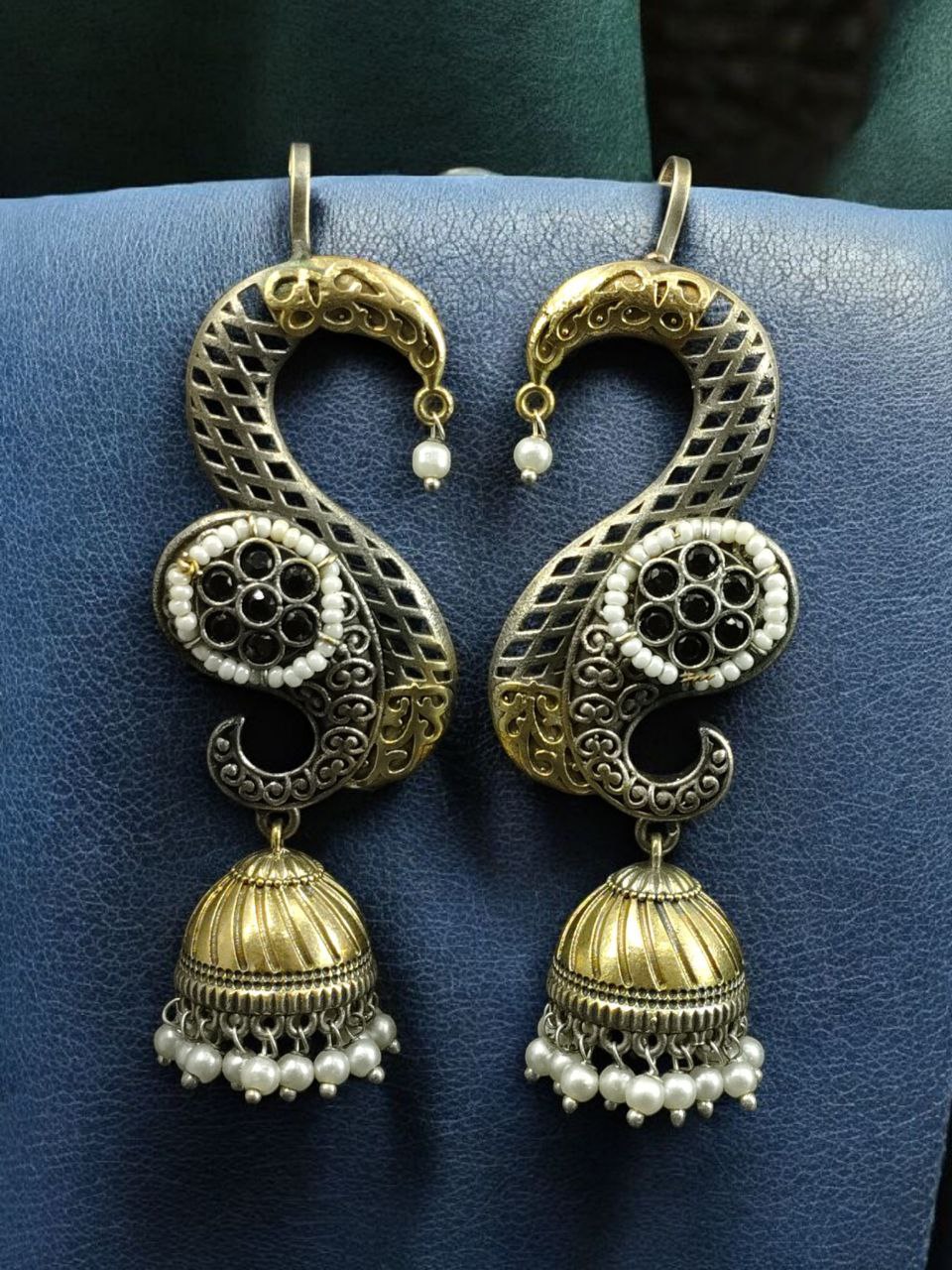 Beautiful Two-Tone Jhumki Earcuff | Stone & Pearl Detailing Traditional Ethnic Jewelry For Girls 4 Two-tone jhumki earcuff with stone and pearl detailing for ethnic wear.