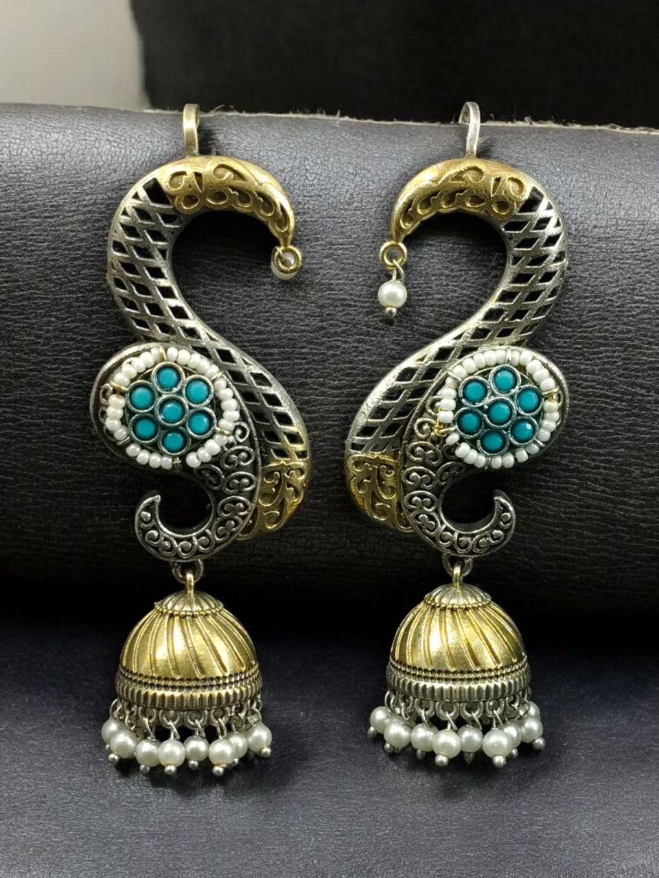 Beautiful Two-Tone Jhumki Earcuff | Stone & Pearl Detailing Traditional Ethnic Jewelry For Girls 5 Two-tone jhumki earcuff with stone and pearl detailing for ethnic wear.