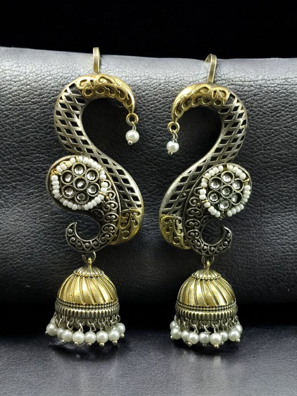 Beautiful Two-Tone Jhumki Earcuff | Stone & Pearl Detailing Traditional Ethnic Jewelry For Girls 2 Two-tone jhumki earcuff with stone and pearl detailing for ethnic wear.