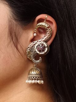 Two-tone jhumki earcuff with stone and pearl detailing for ethnic wear.