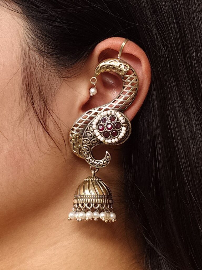 Beautiful Two-Tone Jhumki Earcuff | Stone & Pearl Detailing Traditional Ethnic Jewelry For Girls