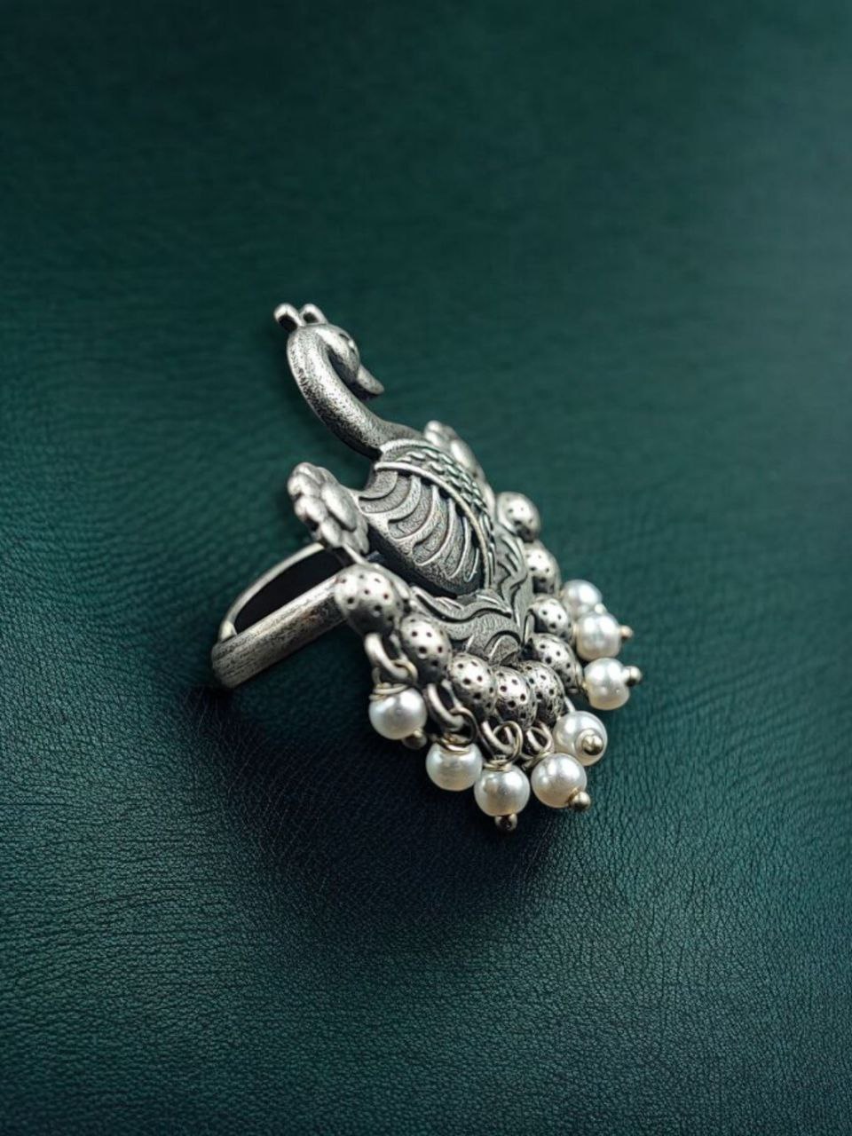 Adjustable Pearl Work Bird Ring | Oxidized Silver Replica Designer Best Jewelry for Women 2 Oxidized silver replica adjustable ring with pearl and bird design.