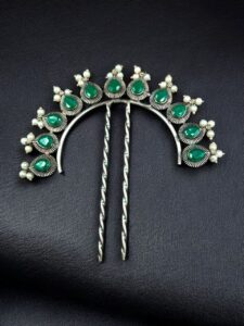 Silver Replica Pearl & Stone Juda Pin | Elegant Oxidized Best Hair Accessory for Women - color: "Green"