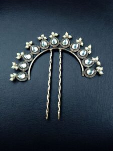 Silver Replica Pearl & Stone Juda Pin | Elegant Oxidized Best Hair Accessory for Women - color: "White"