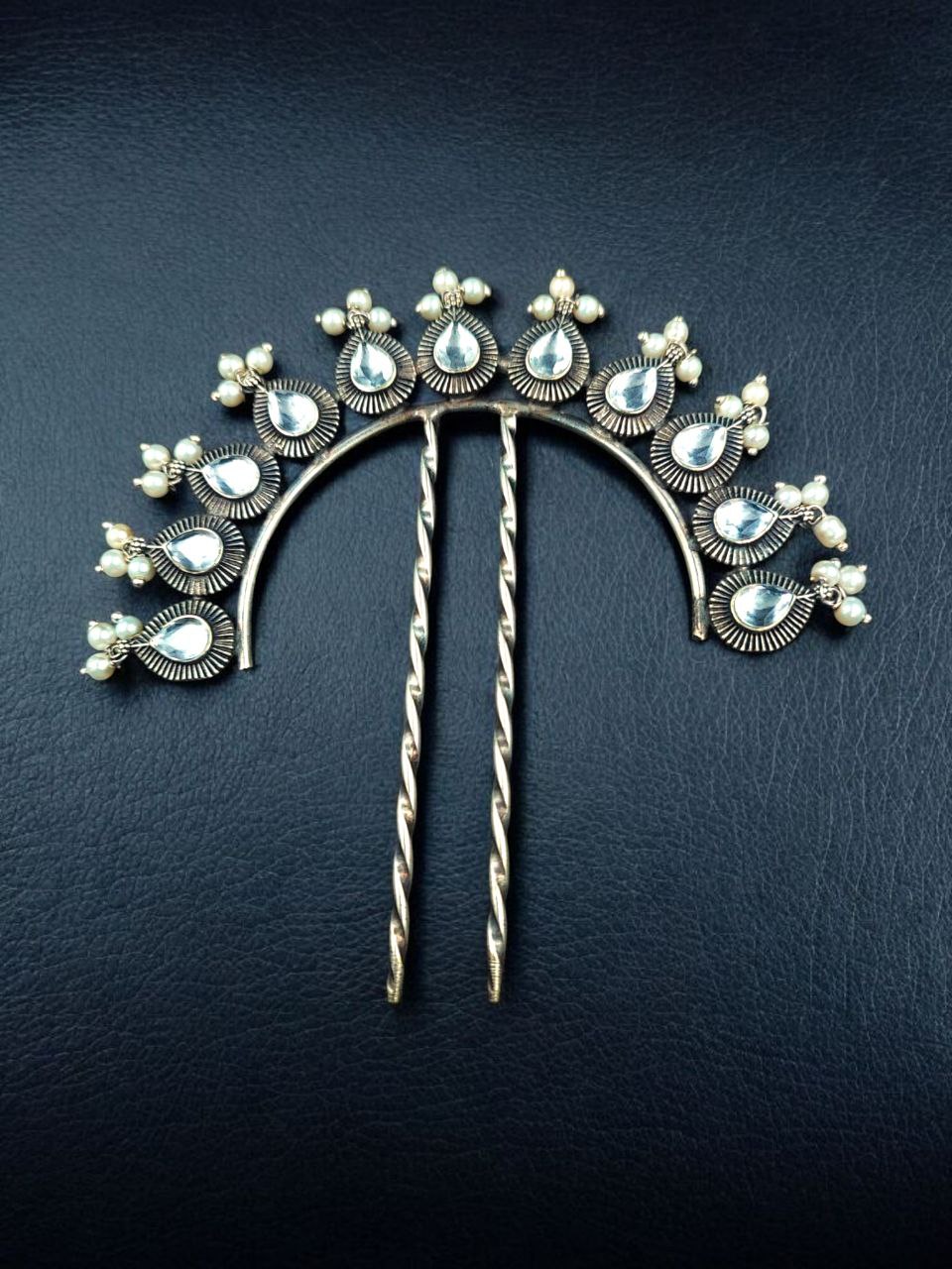 Silver Replica Pearl & Stone Juda Pin | Elegant Oxidized Best Hair Accessory for Women 4 Oxidized silver replica juda pin with pearl and stone detailing.