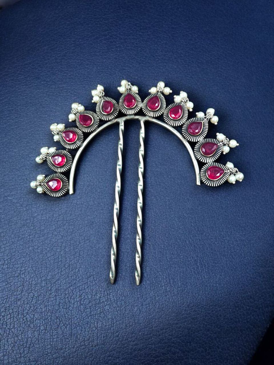 Silver Replica Pearl & Stone Juda Pin | Elegant Oxidized Best Hair Accessory for Women 6 Oxidized silver replica juda pin with pearl and stone detailing.